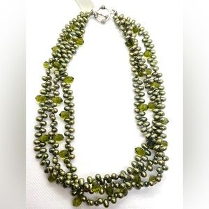 Gorgeous pearl and crystal necklace.  Beautiful, metallic green.  Toggle clasp.